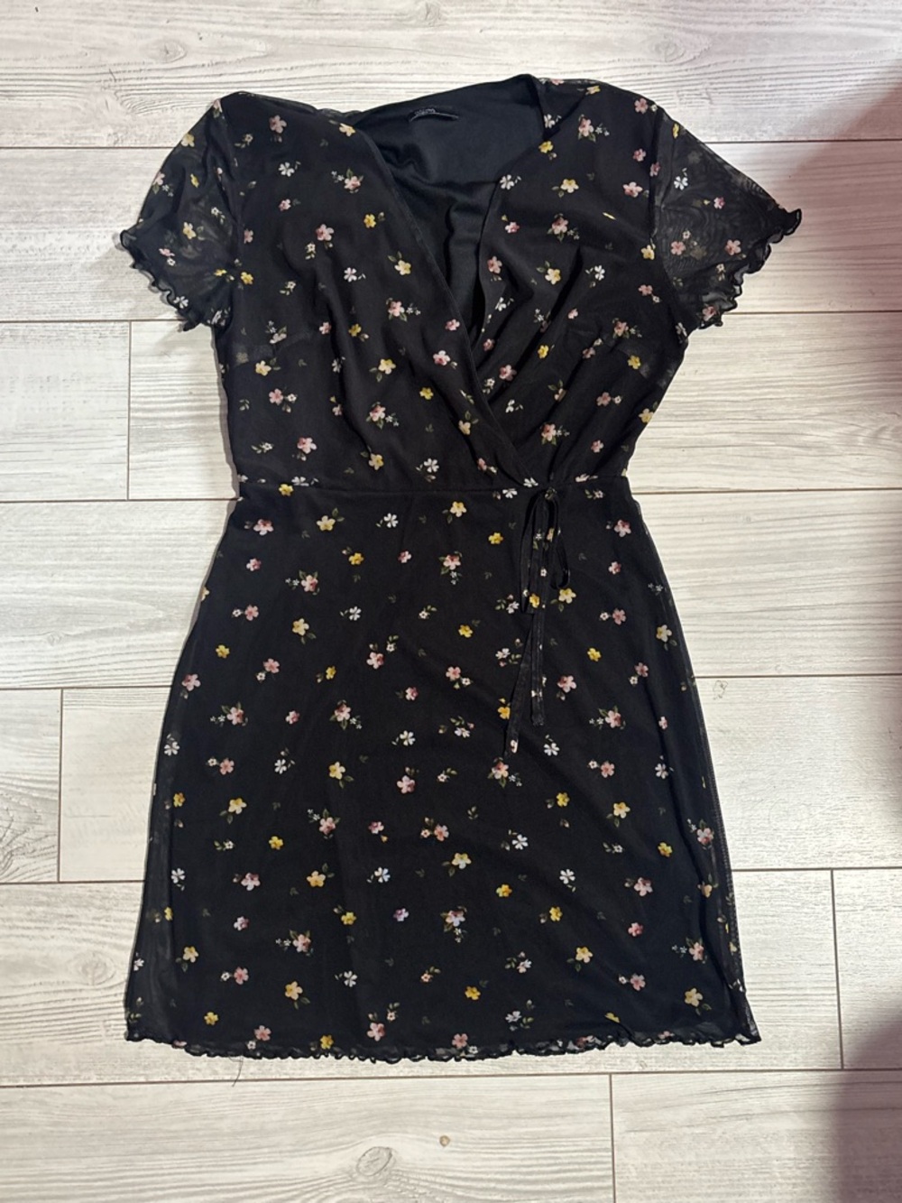 Black Floral Wrap Short Dress